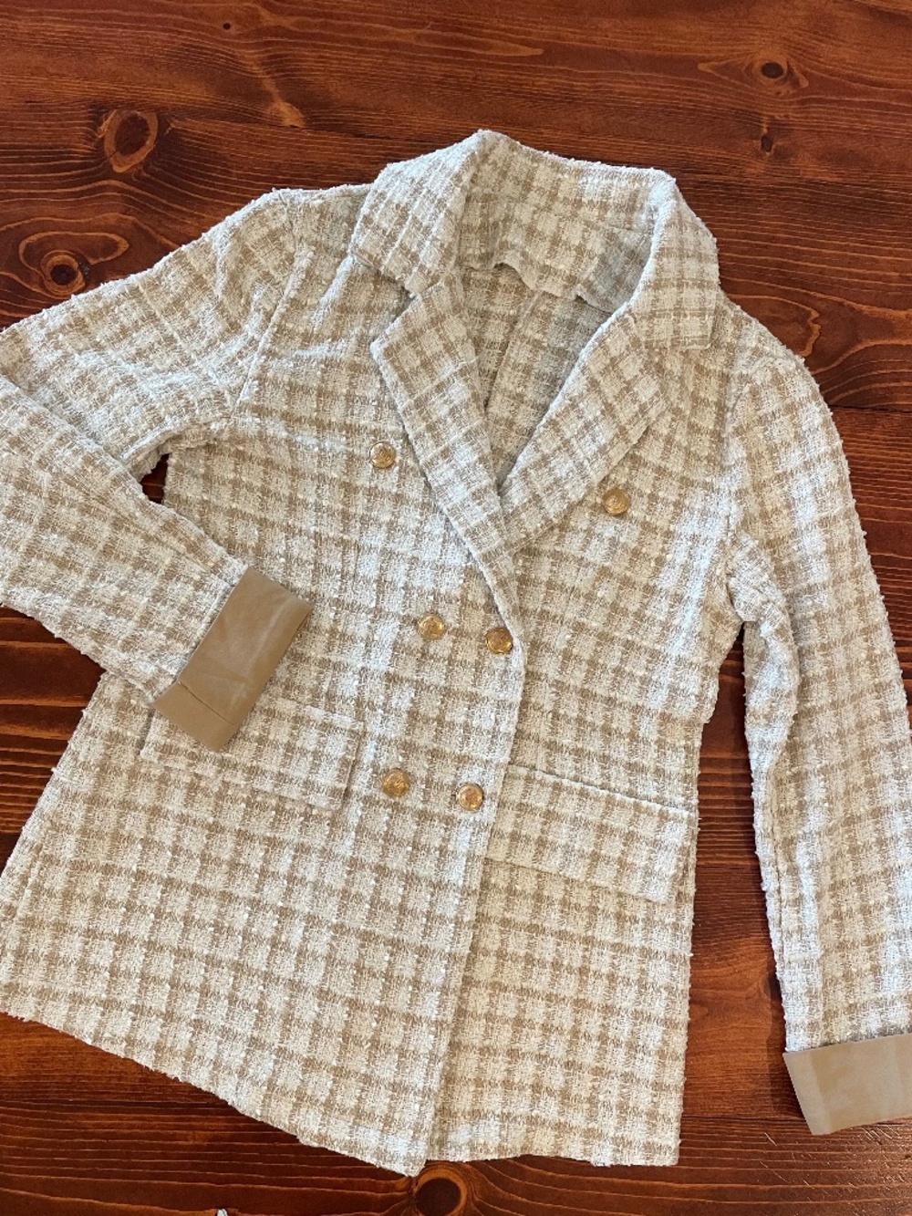 Shein Ivory & Gold Shimmer Blazer | Contrast Tan Cuffs Size S